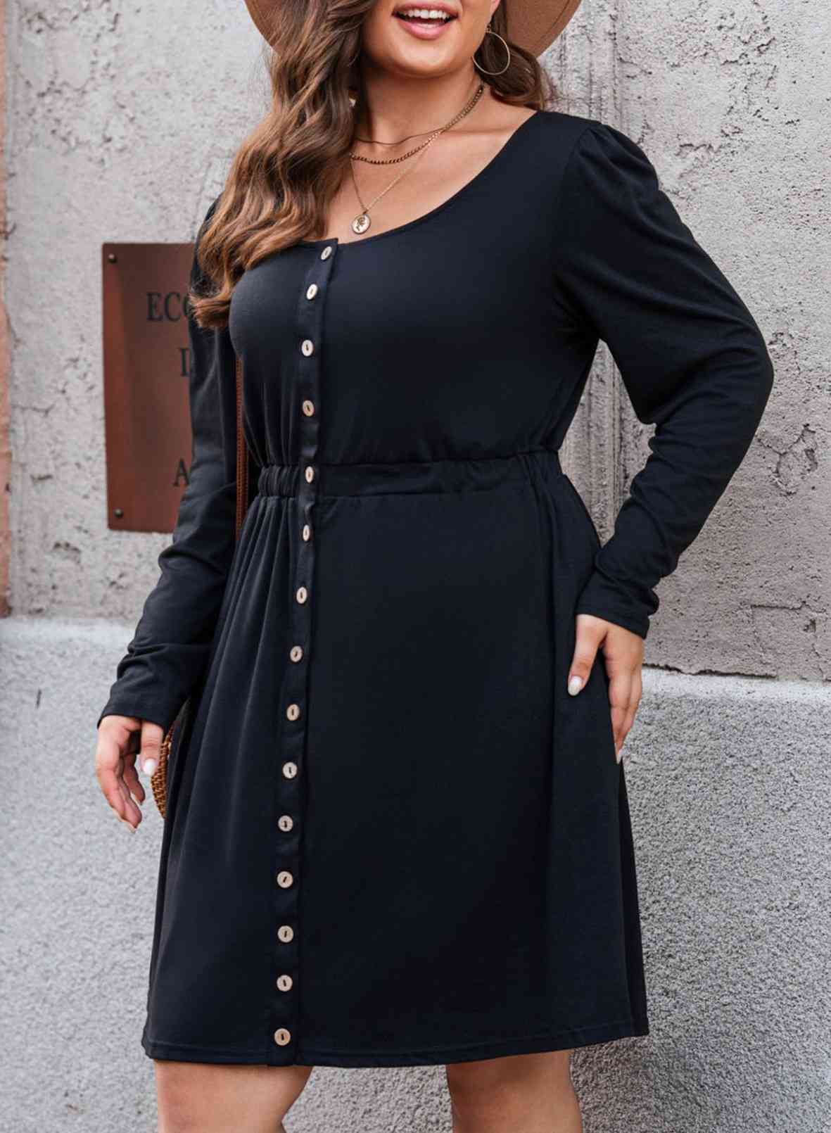 Button Front Elastic Waist Long Sleeve Dress