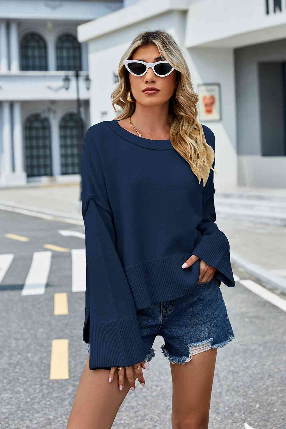 Round Neck Dropped Shoulder Slit Sweater