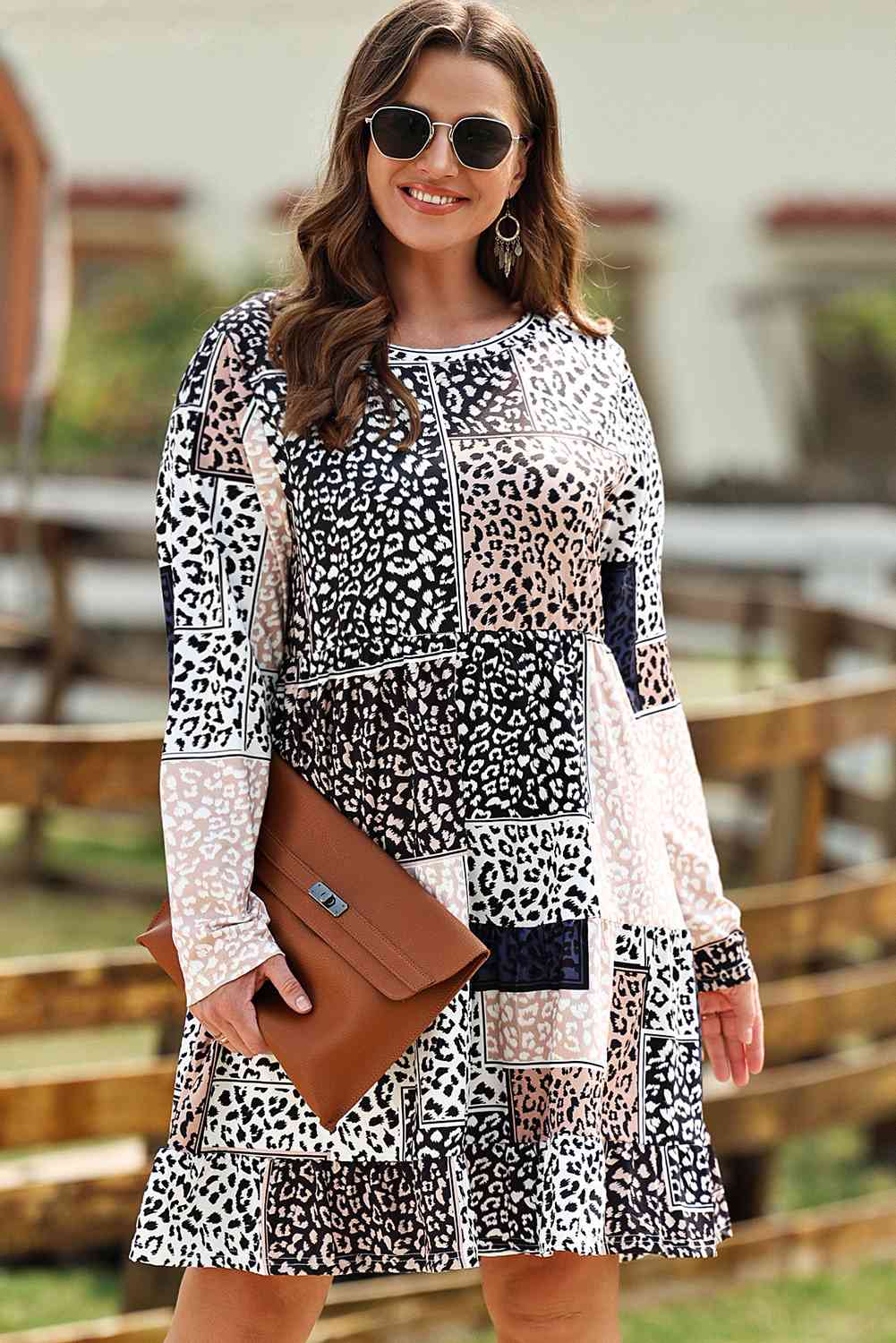 Round Neck Leopard Print Long Sleeve Mini Dress