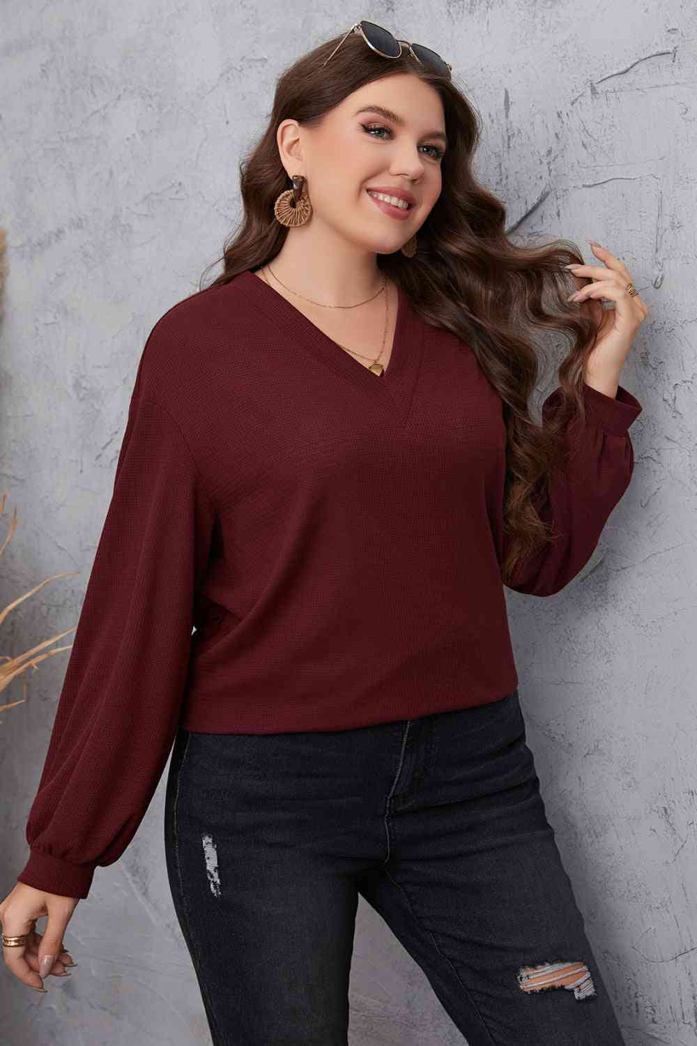 Melo Apparel V-Neck Dropped Shoulder Blouse