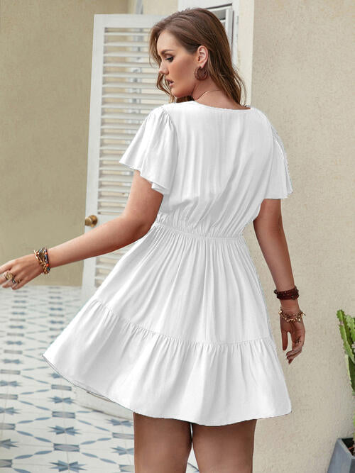 Double Take Ruffle Hem V-Neck Short Sleeve Dress