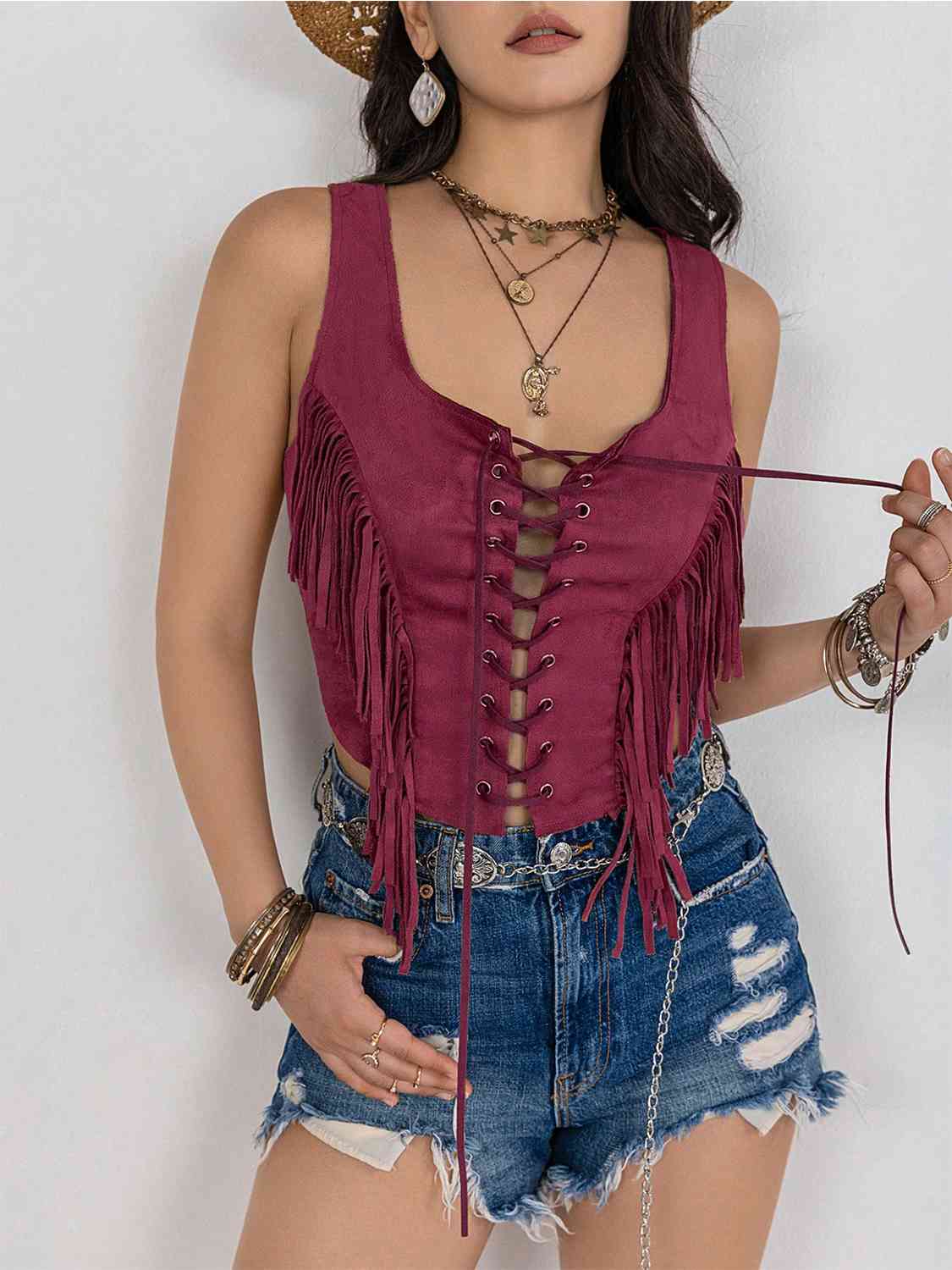 Fringe Lace-Up Vest