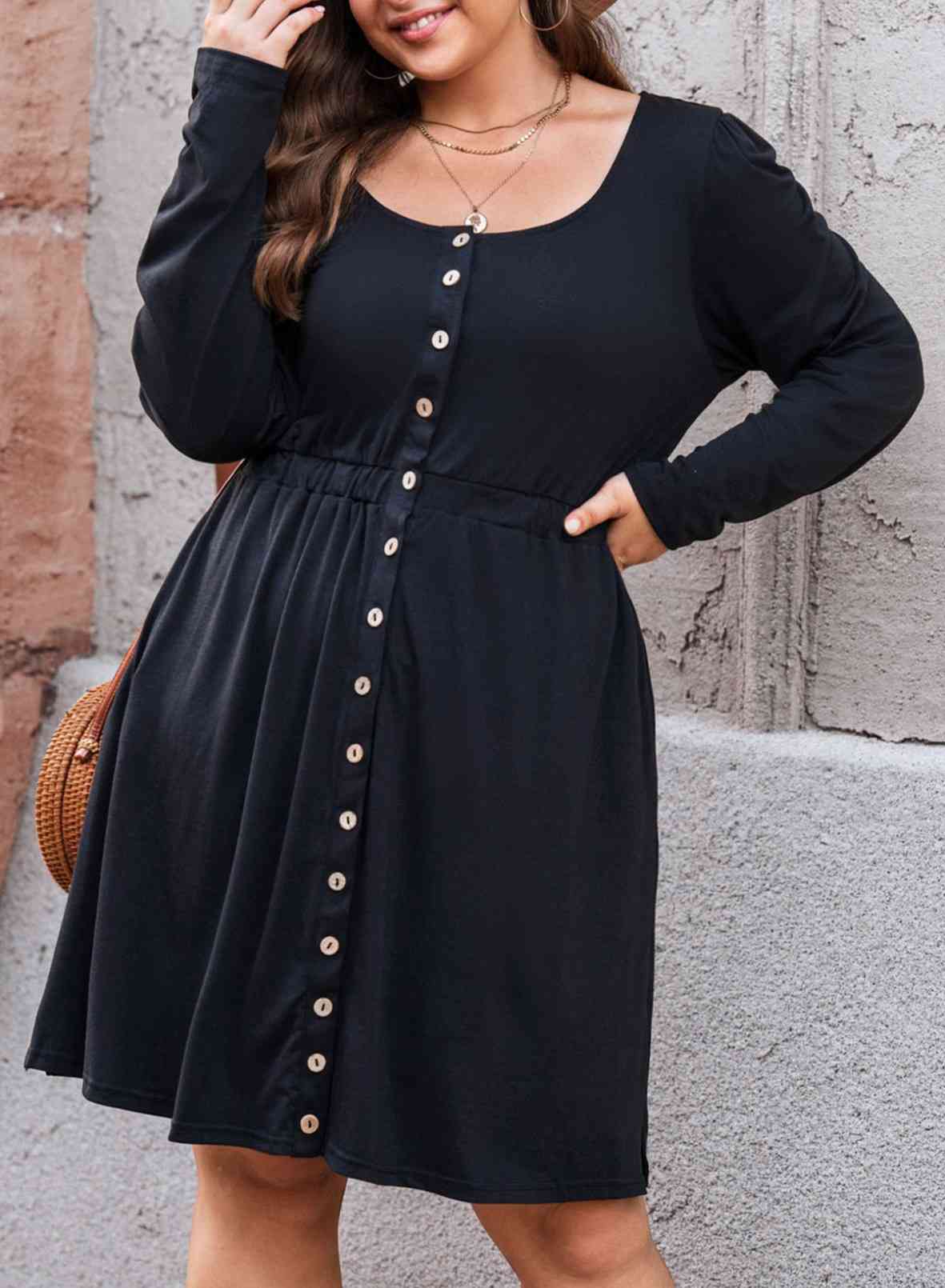 Button Front Elastic Waist Long Sleeve Dress