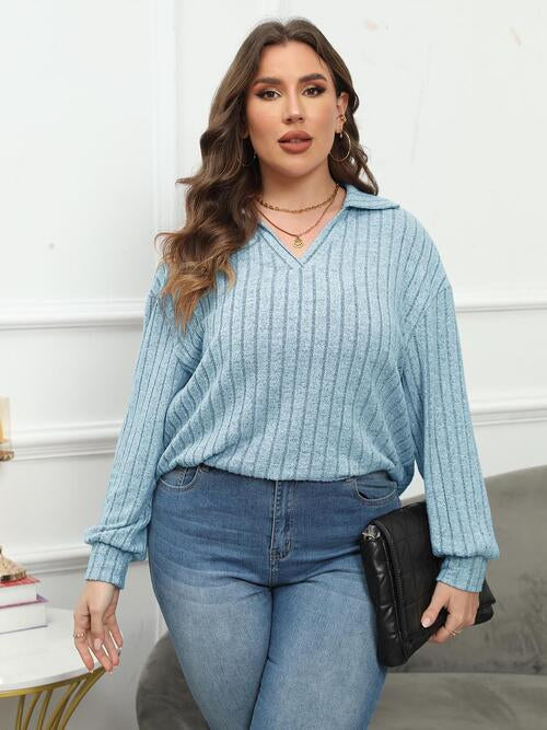 Ribbed Collared Neck Long Sleeve Blouse