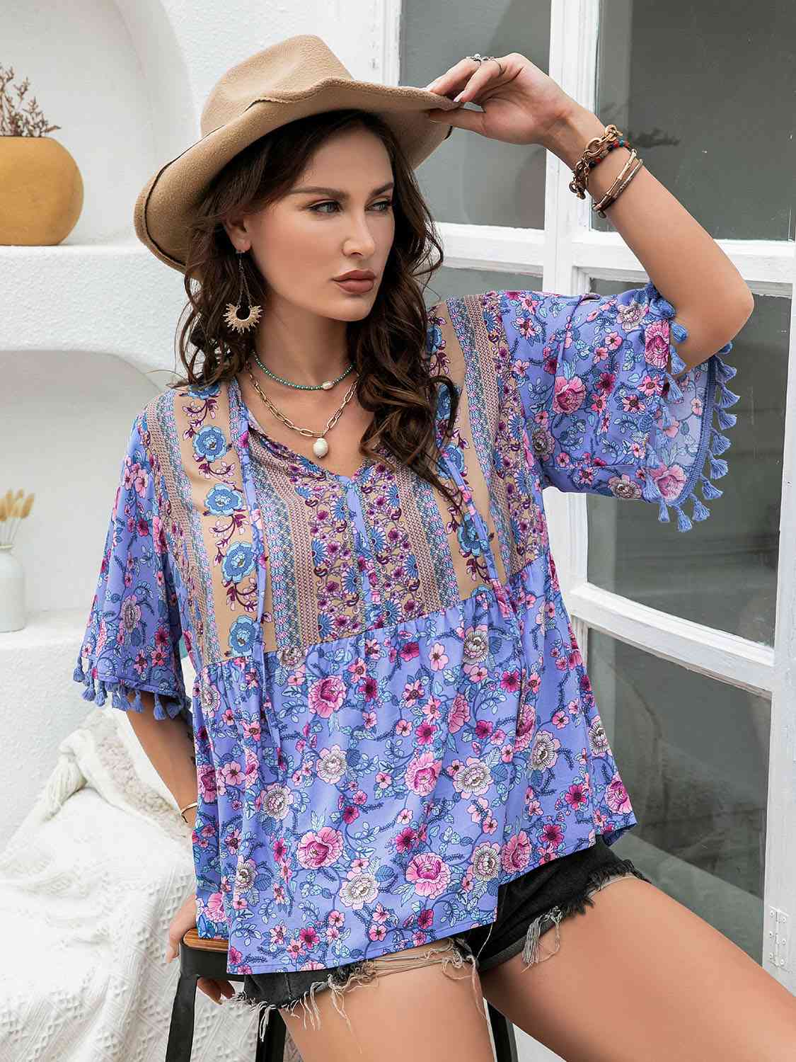 Printed V-Neck Half Sleeve Blouse