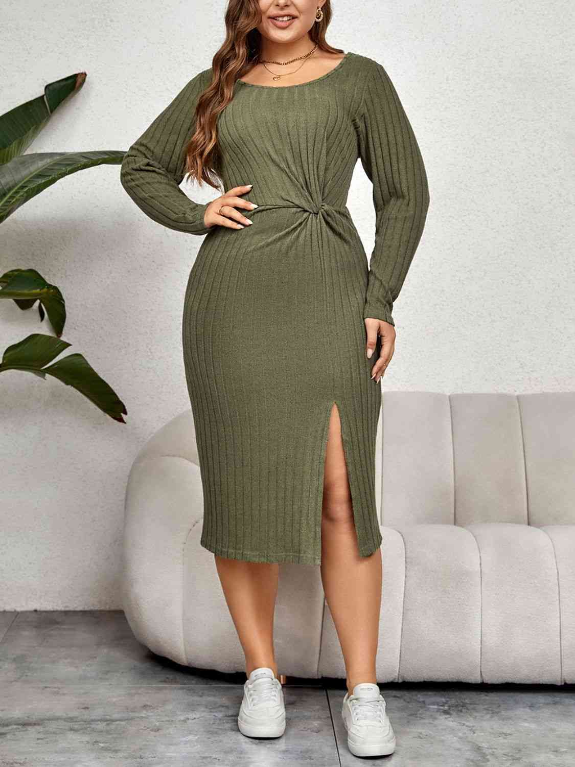 Ribbed Round Neck Twisted Slit Midi Dress