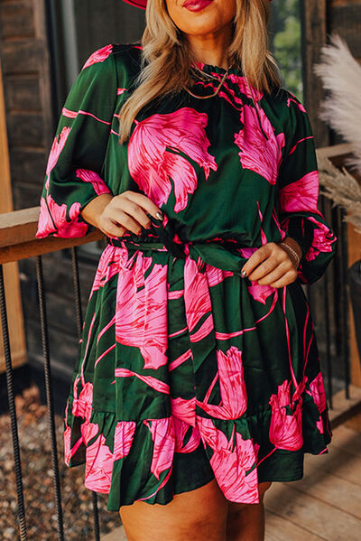 Printed Lantern Sleeve Ruffle Hem Dress