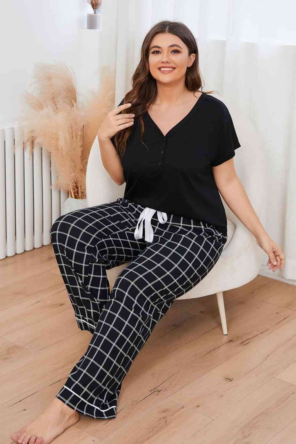 V-Neck Top and Plaid Pants Lounge Set