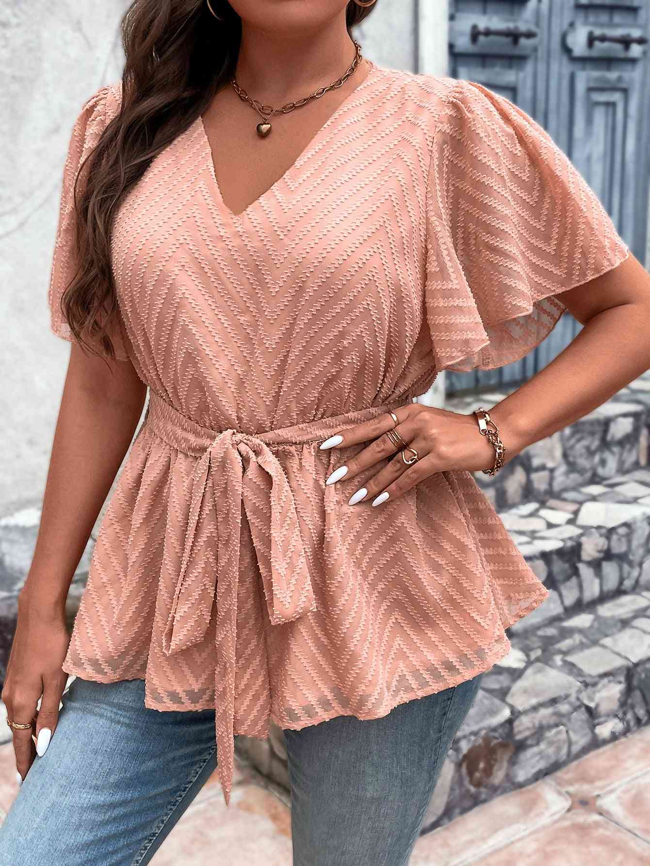 V-Neck Flutter Sleeve Tie Waist Blouse