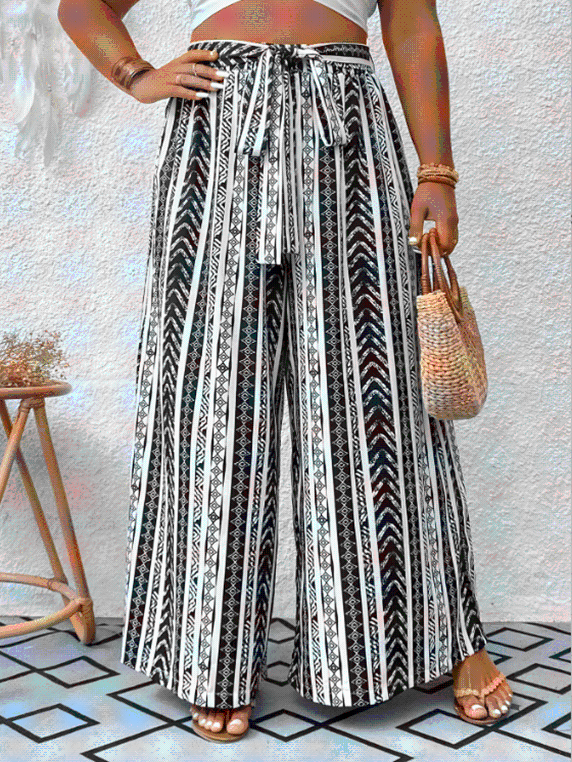 Striped Tied Wide Leg Pants