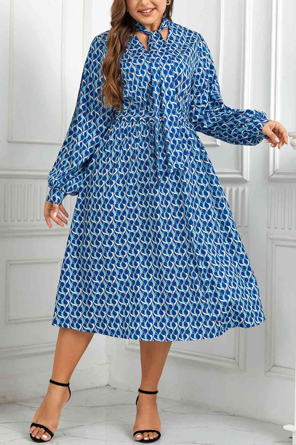 Printed Tie Neck Midi Dress