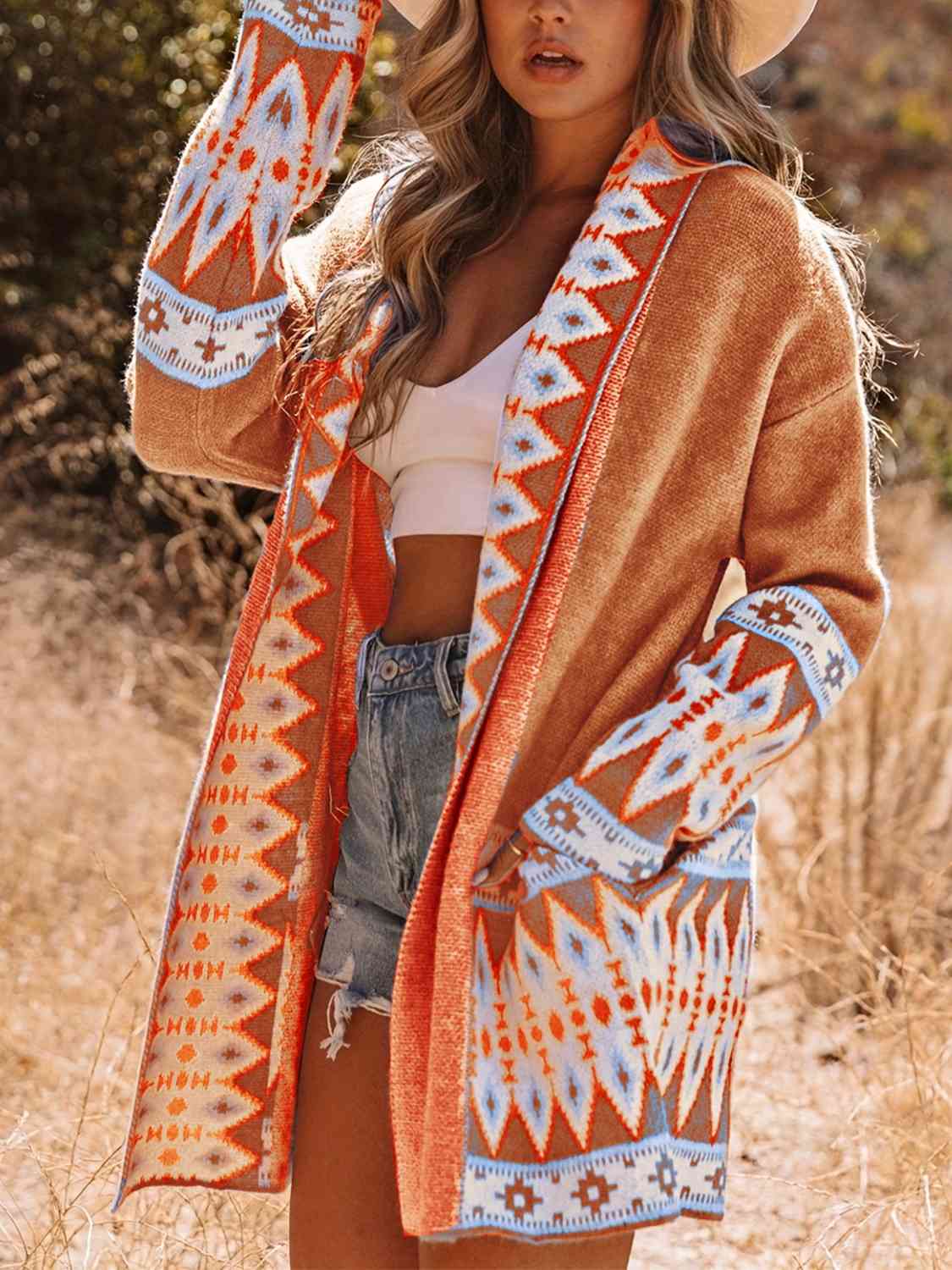 Geometric  Open Front Cardigan with Pockets