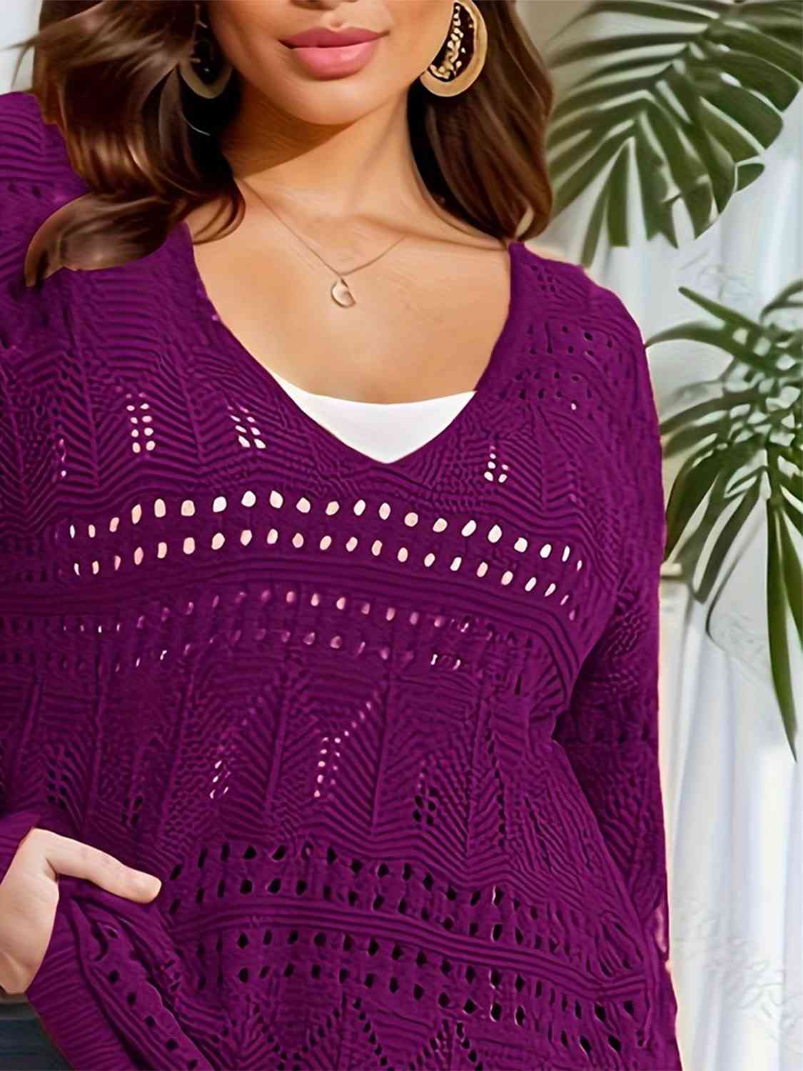 Openwork Plunge Long Sleeve Sweater