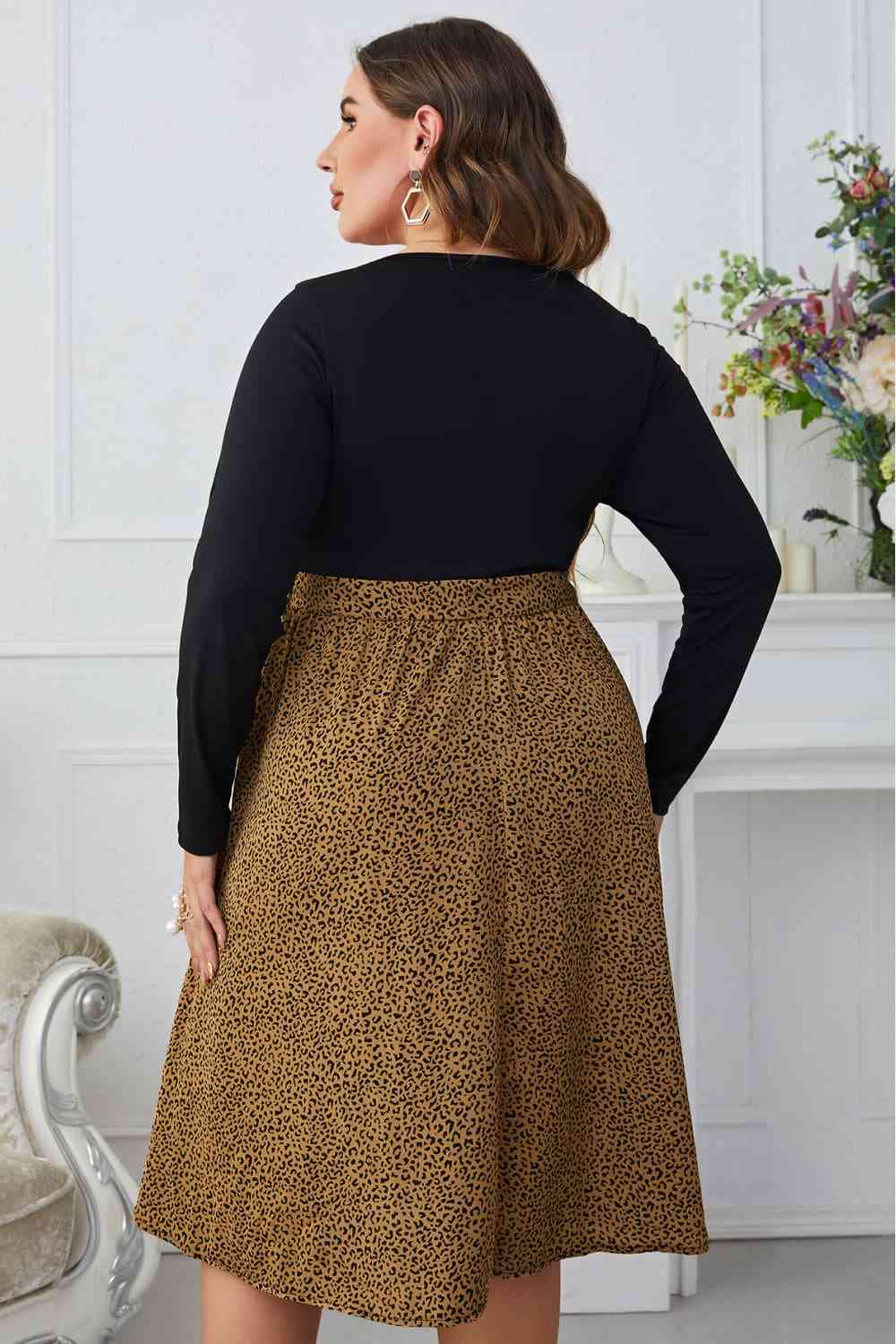 Melo Apparel Leopard Long Sleeve Round Neck Dress