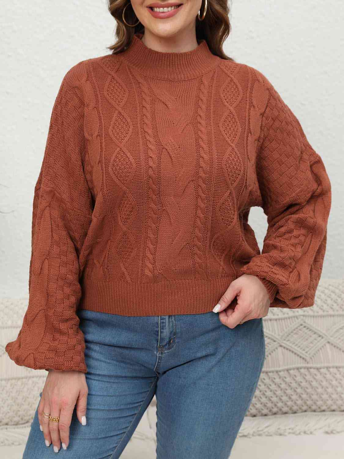 Mock Neck Cable Knit Long Sleeve Sweater