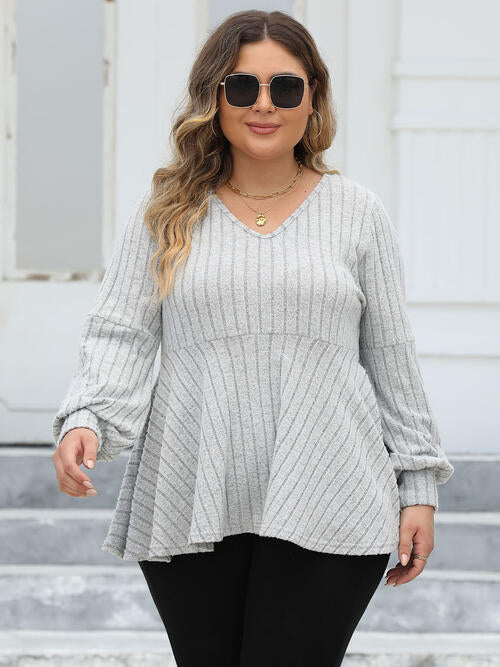 Ribbed V-Neck Long Sleeve Blouse