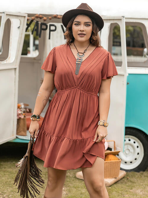 Double Take Ruffle Hem V-Neck Short Sleeve Dress