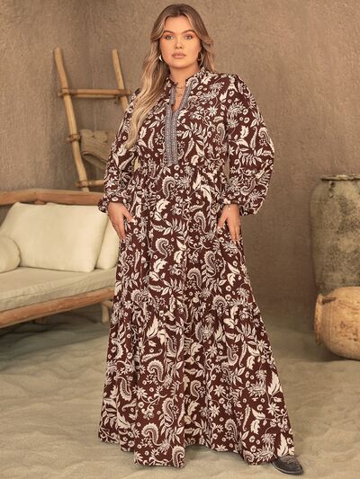 Notched Balloon Sleeve Printed Maxi Dress