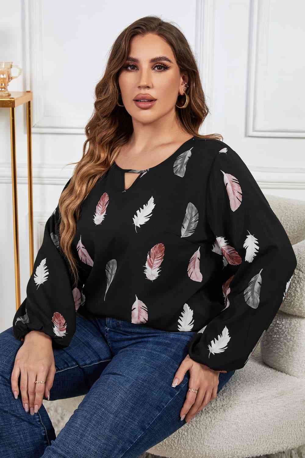 Melo Apparel Printed Round Neck Long Sleeve Cutout Blouse