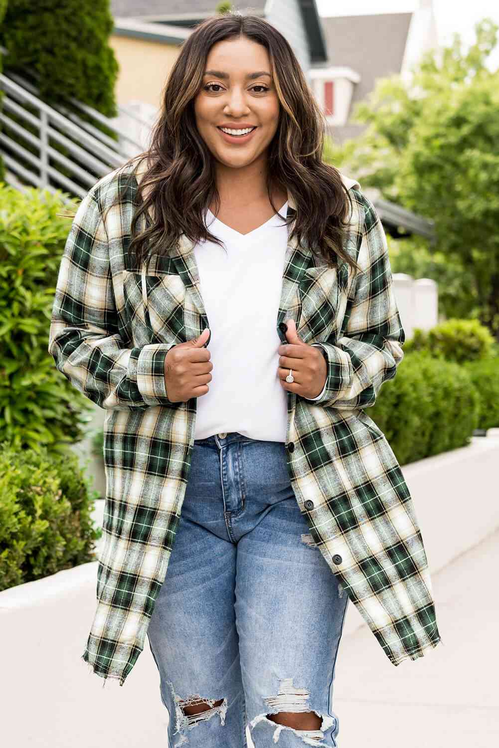 Plaid Curved Hem Button Front Shirt