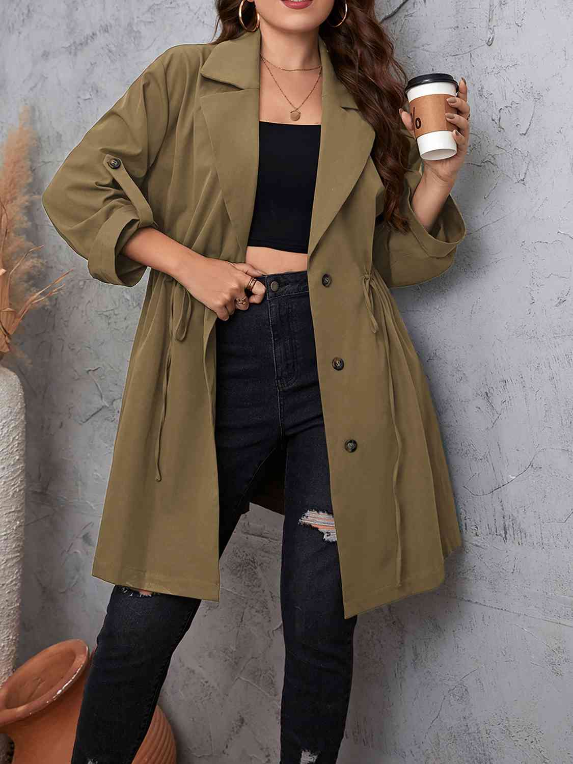 Lapel Collar Drawstring Roll-Tab Sleeve Trench Coat