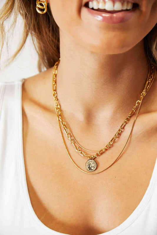 Adored Coin Pendant Triple-Layered Chain Necklace