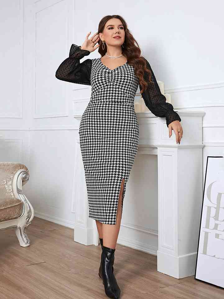 Houndstooth Flounce Sleeve Slit Dress