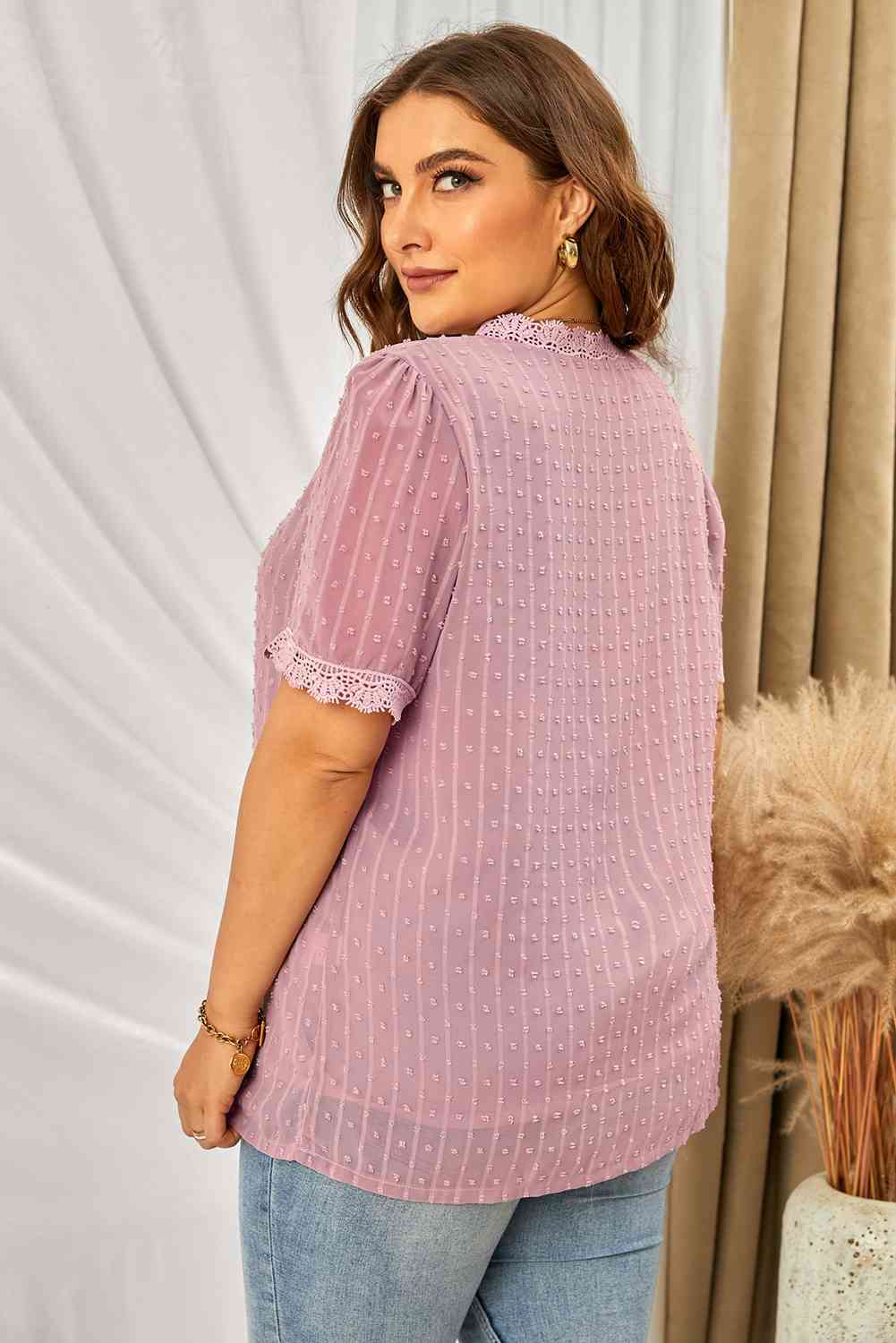 Swiss Dot Spliced Lace V-Neck Blouse