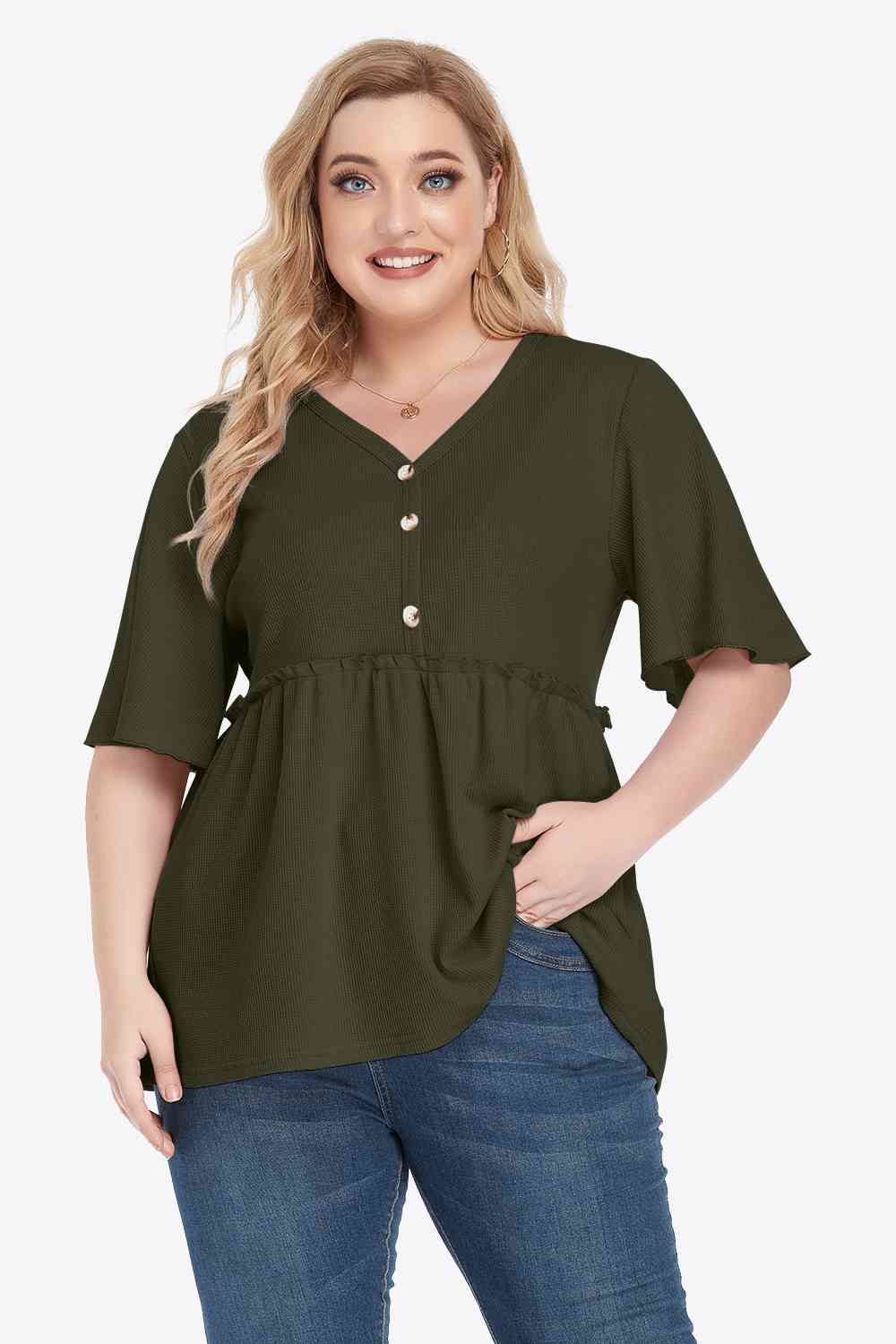 Buttoned V-Neck Frill Trim Babydoll Blouse