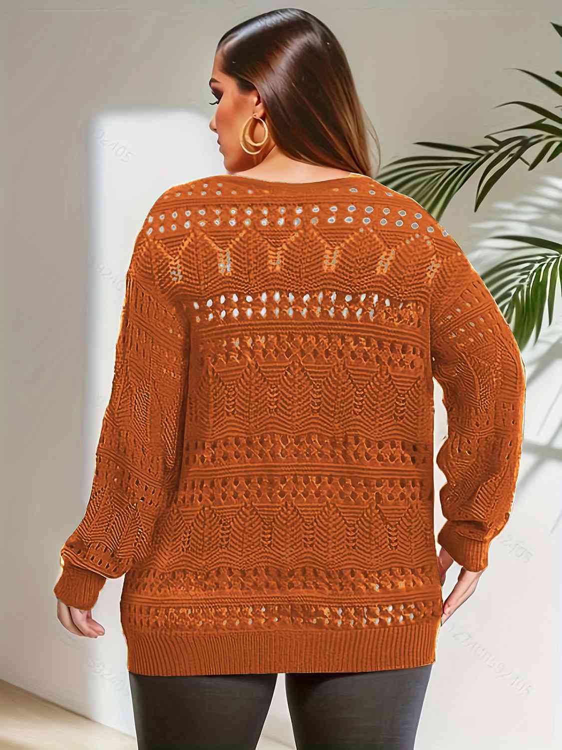 Openwork Plunge Long Sleeve Sweater