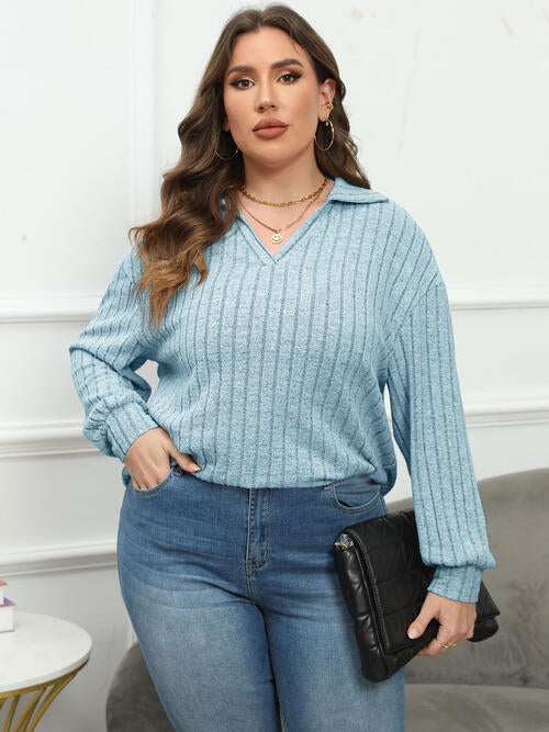 Ribbed Collared Neck Long Sleeve Blouse