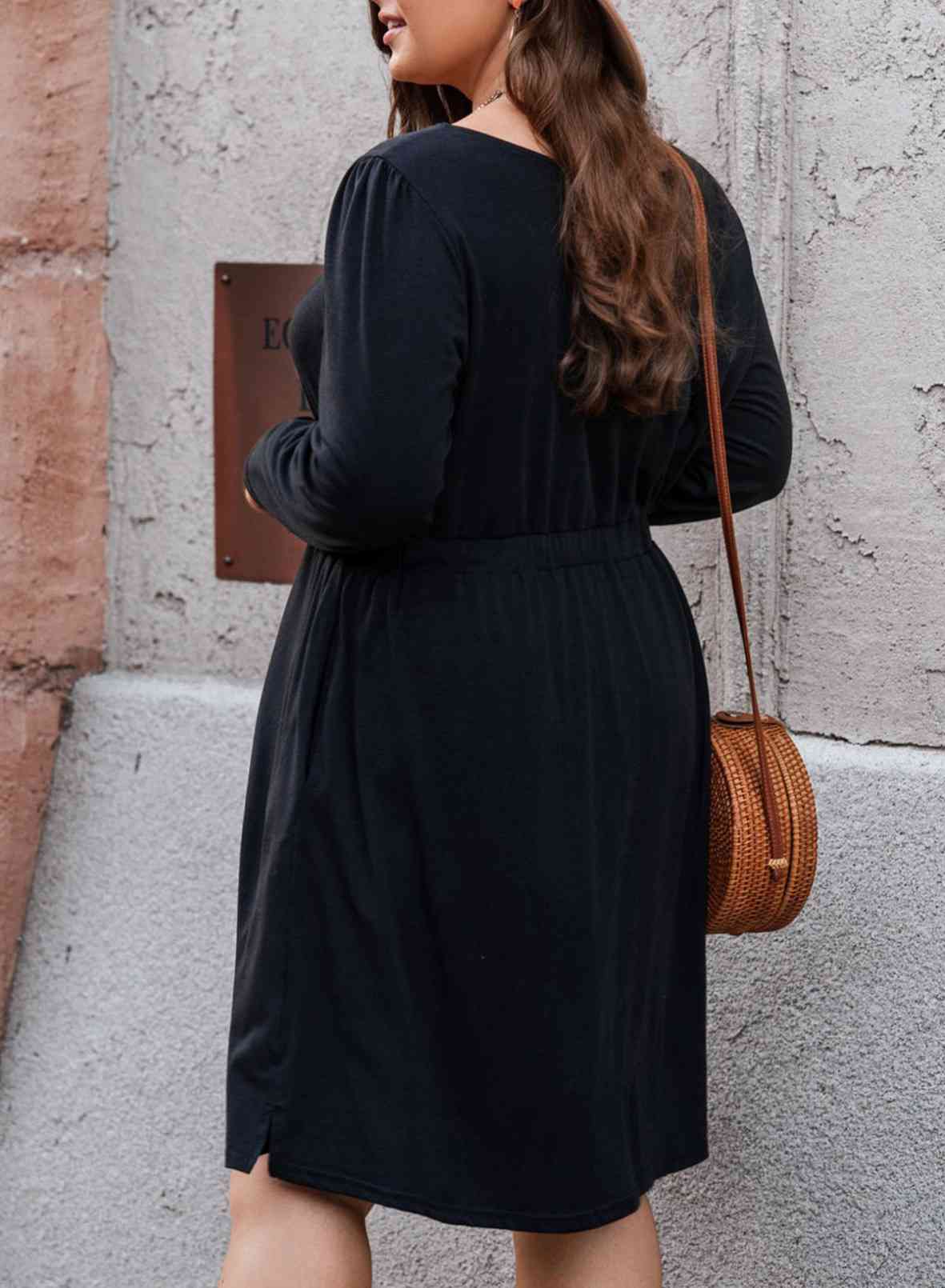 Button Front Elastic Waist Long Sleeve Dress