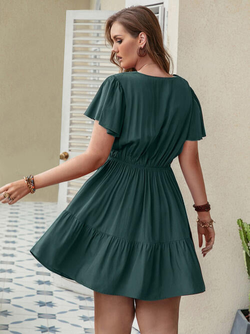 Double Take Ruffle Hem V-Neck Short Sleeve Dress