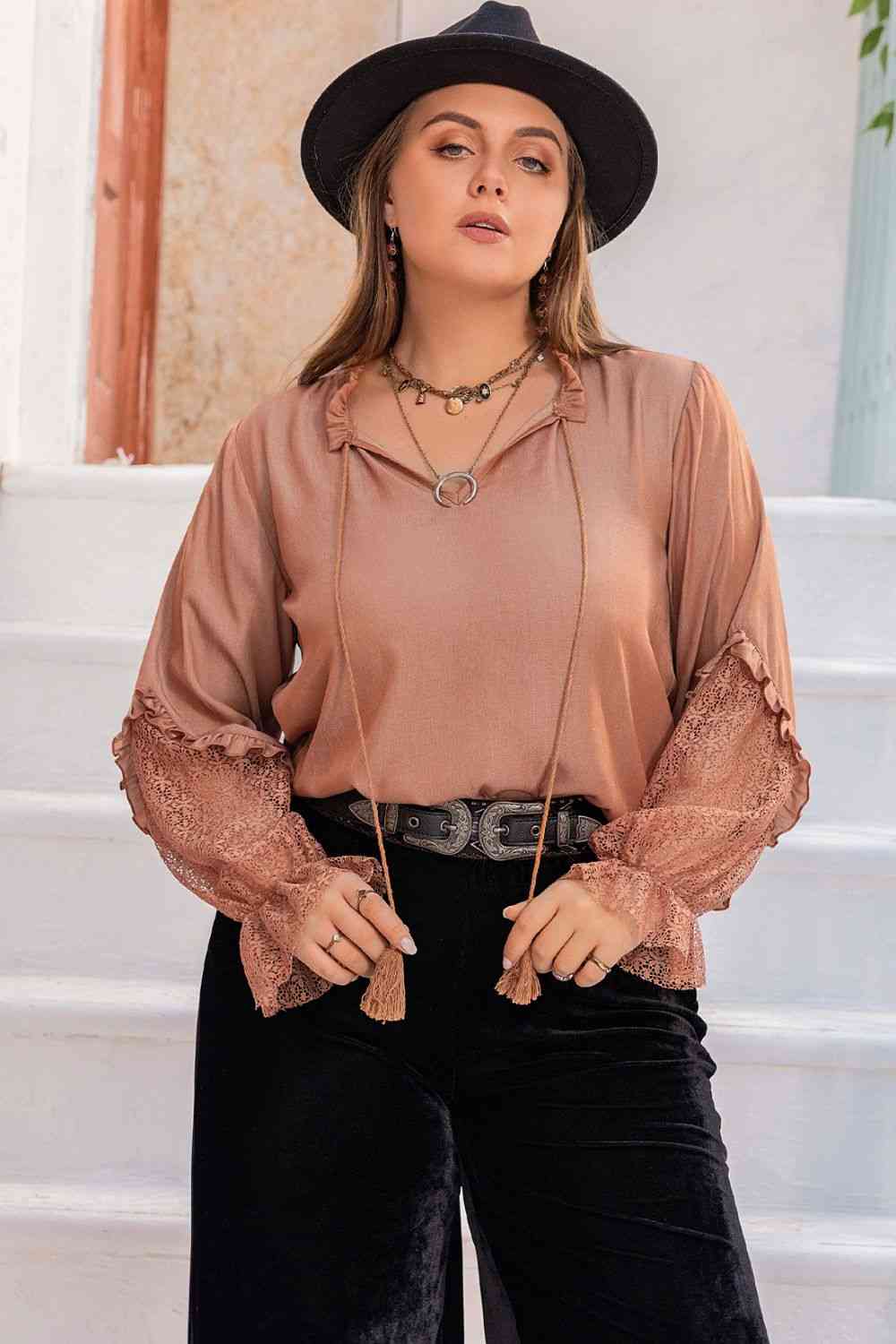 Tie Neck Flounce Sleeve Blouse