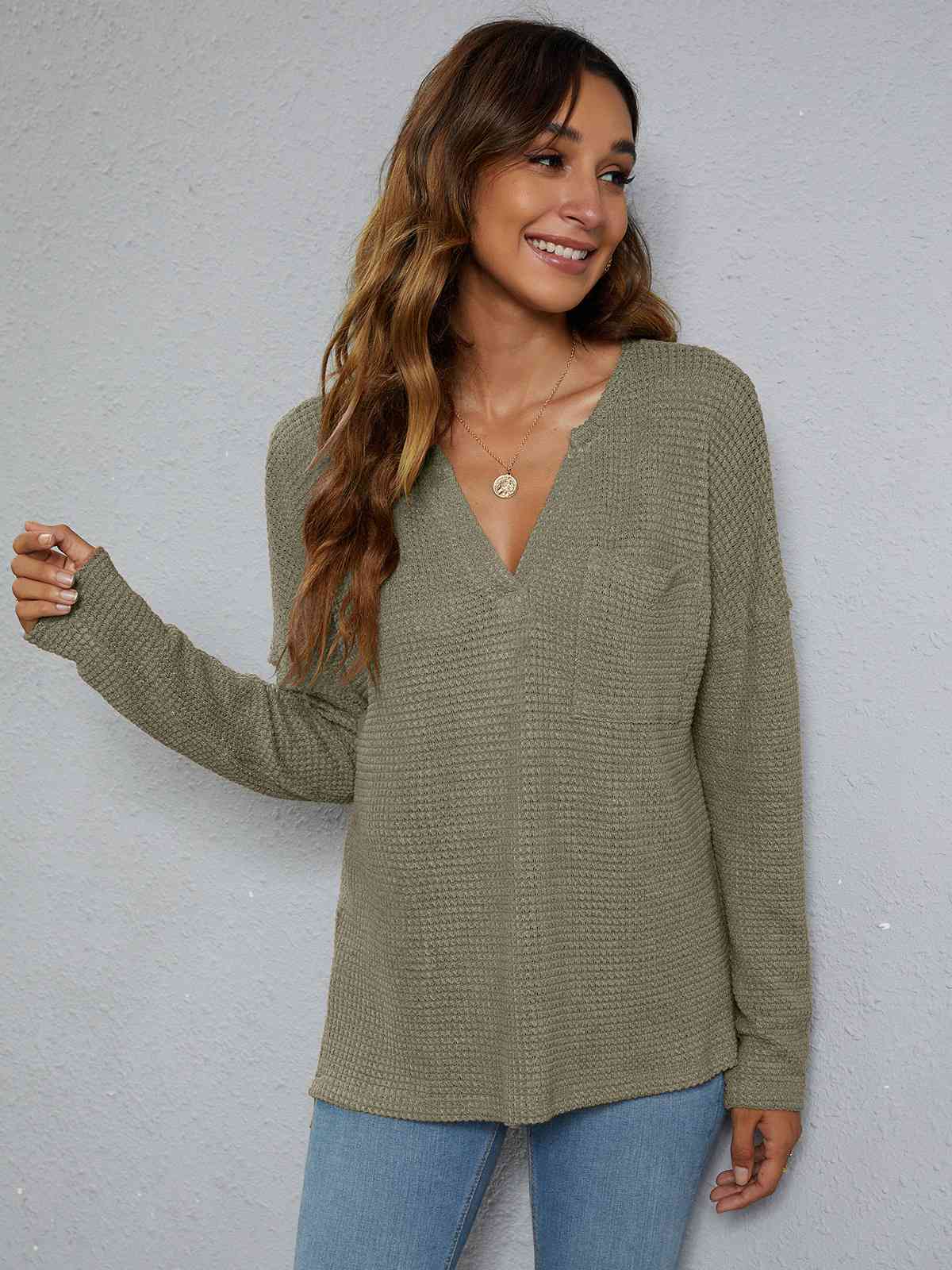 Dropped Shoulder High-Low Waffle-Knit Top