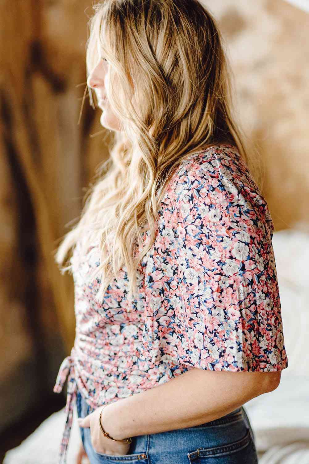 Floral Drawstring Detail Blouse