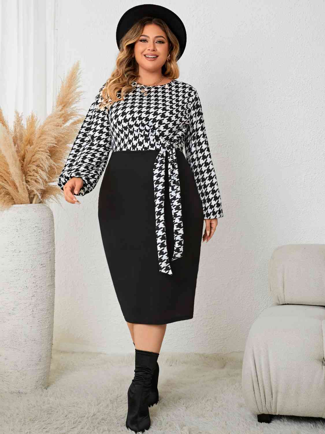 Houndstooth Tied Long Sleeve Dress