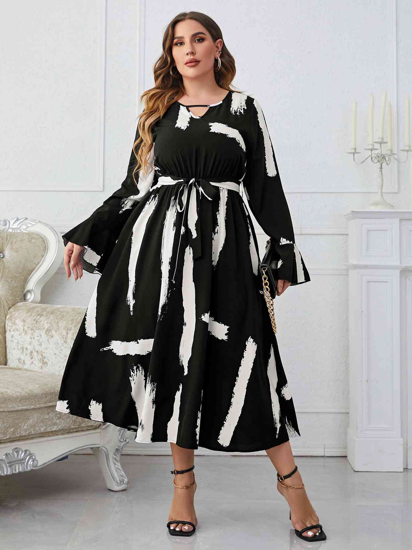 Melo Apparel Printed Tie Belt Flare Sleeve Round Neck Midi Dress