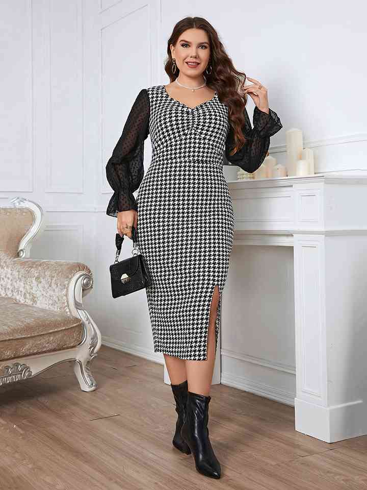 Houndstooth Flounce Sleeve Slit Dress