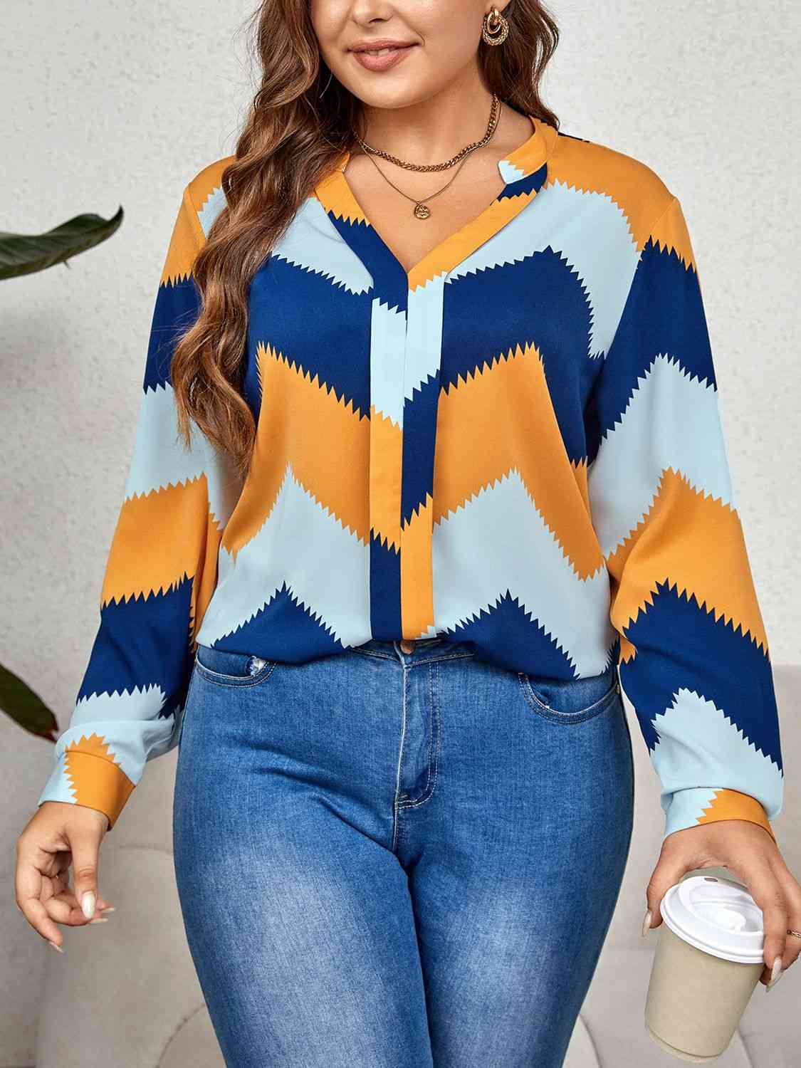 Printed Notched Neck Long Sleeve Blouse