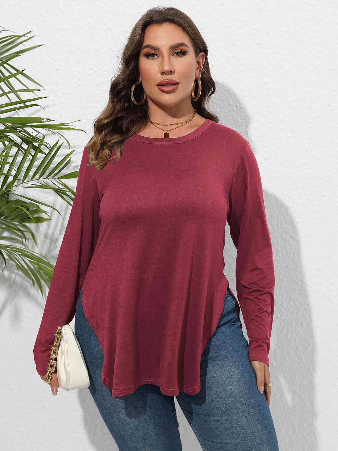 Round Neck Long Sleeve Slit T-Shirt