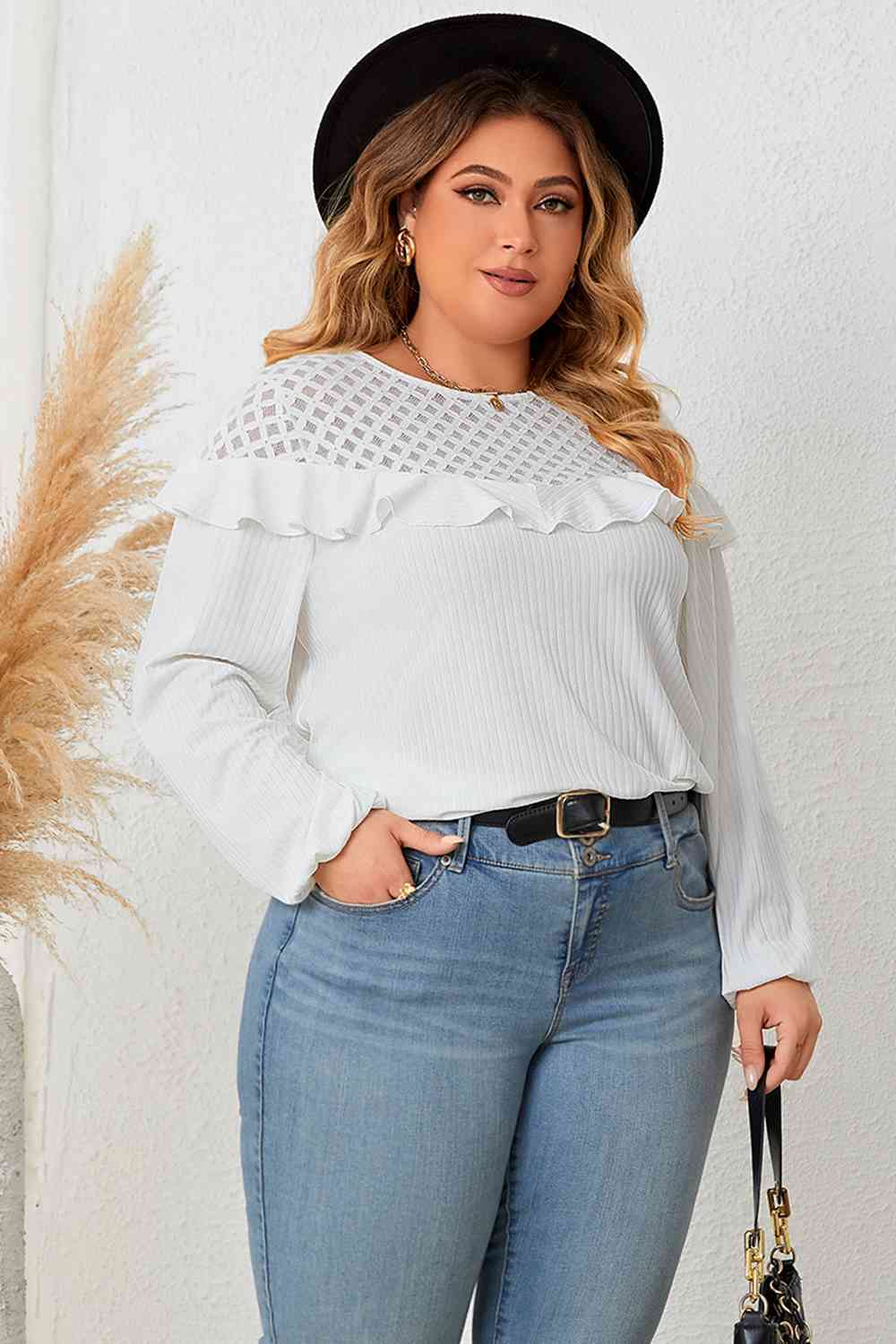 Ruffled Round Neck Long Sleeve Blouse