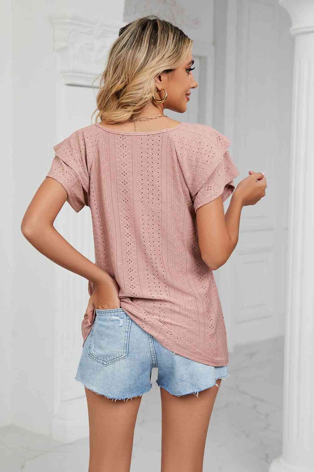 Eyelet Layered Flutter Sleeve V-Neck Knit Top