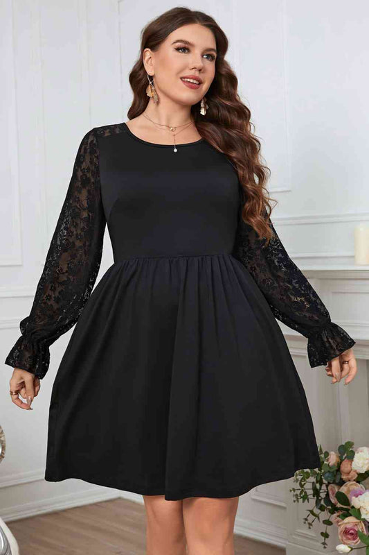 Melo Apparel Lace Trim Round Neck Flounce Sleeve Dress