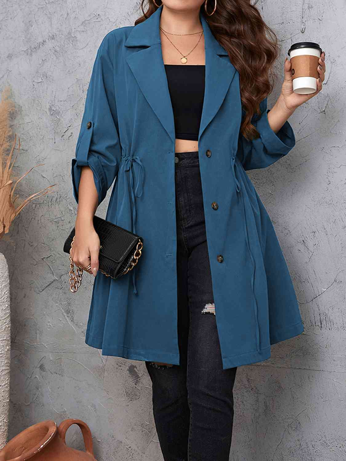 Lapel Collar Drawstring Roll-Tab Sleeve Trench Coat