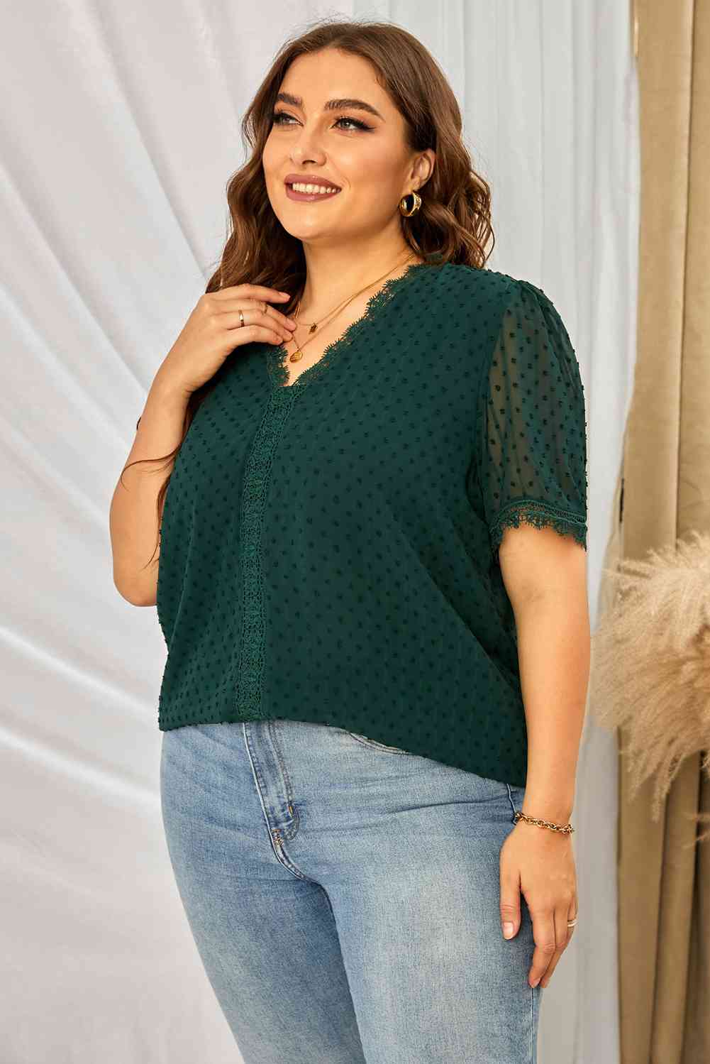 Swiss Dot Spliced Lace V-Neck Blouse