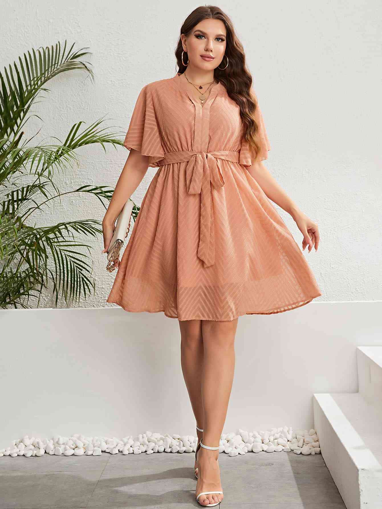 Tie Waist Notched Neck Flutter Sleeve Dress