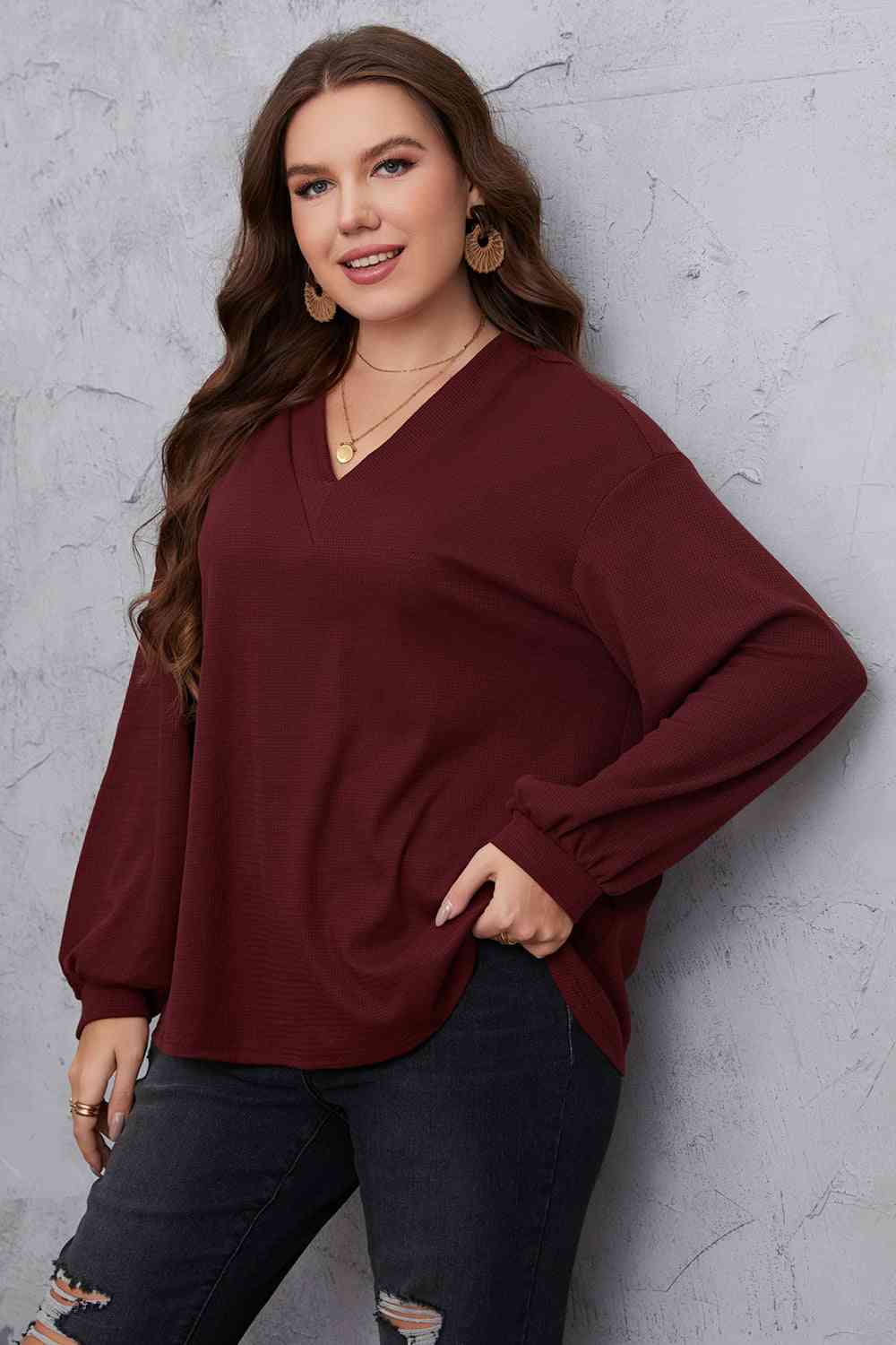 Melo Apparel V-Neck Dropped Shoulder Blouse