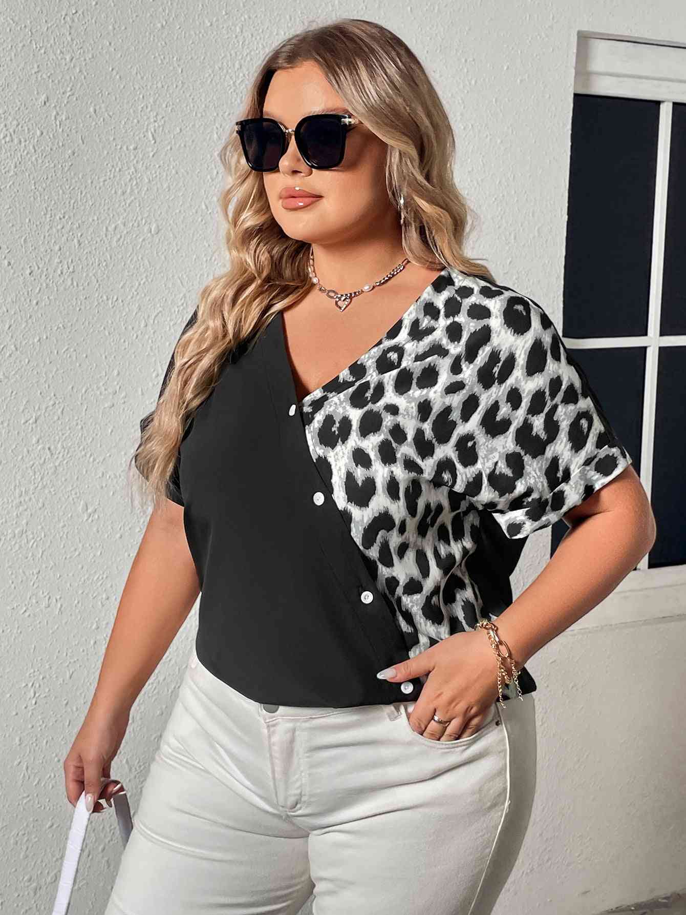 Leopard Print Buttoned Surplice Neck Tee