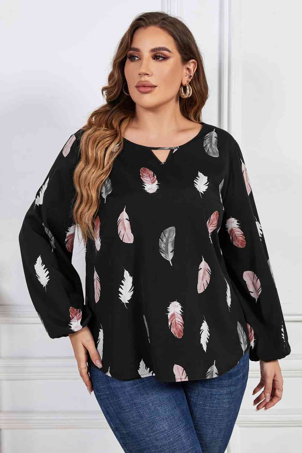 Melo Apparel Printed Round Neck Long Sleeve Cutout Blouse